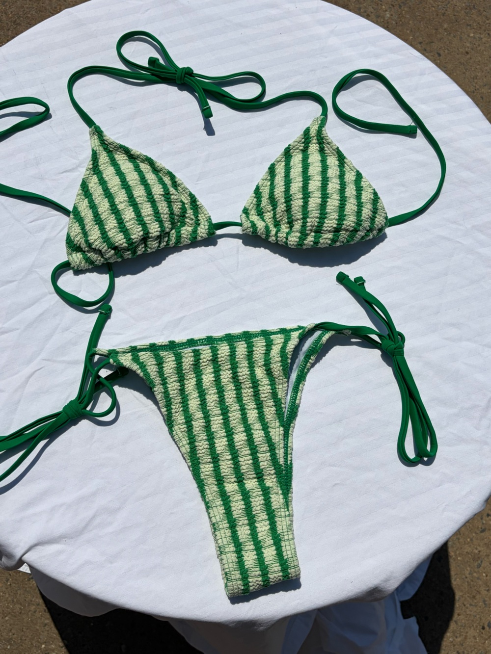 Zara Green and Cream Ribbed Striped Bikini Top